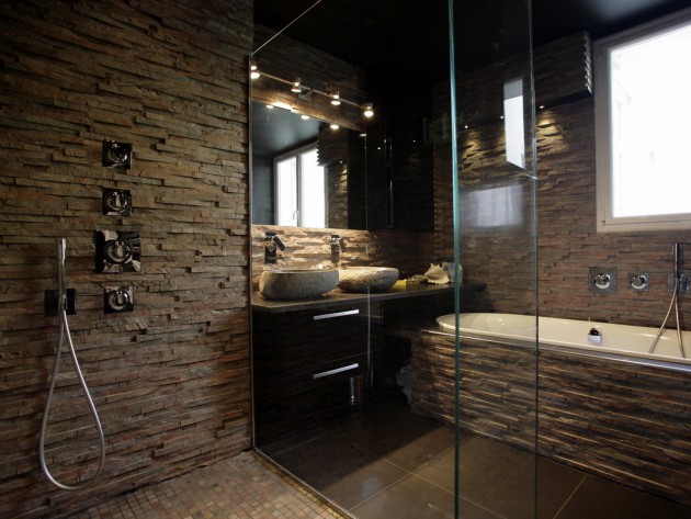 Aménagement complet duplex ouest home douche avec mur en ... Salle de bain sol pierre rustique