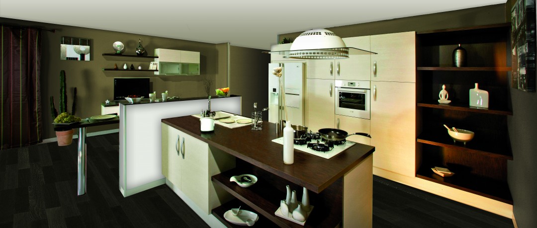 Plan de travail en bois sur ilot central