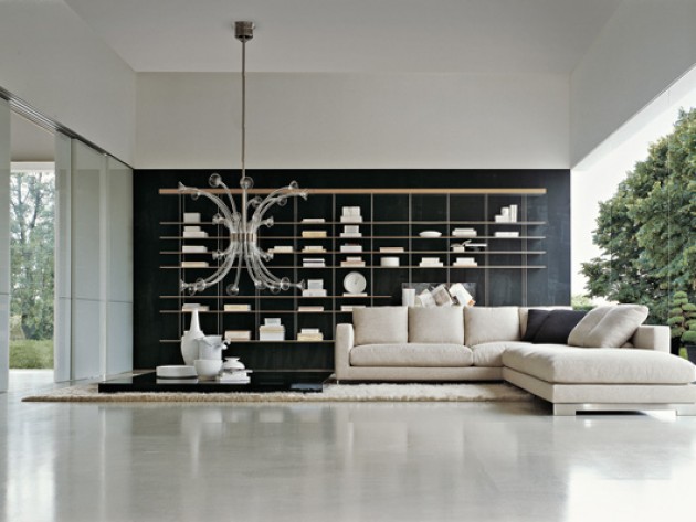 Salon design noir et blanc avec canapé d'angle